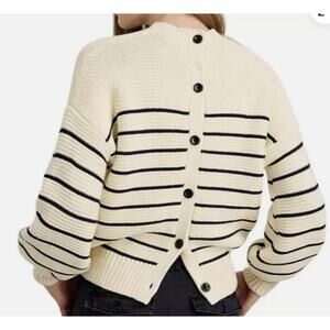 Alex Mill Cream Navy Stripe Button Back Cotton Sweater Reversible Size Medium